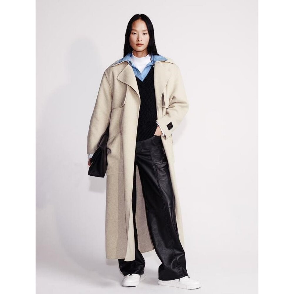 CALVIN KLEIN Unisex Wool Blend Trench Coat Size S In Peyote